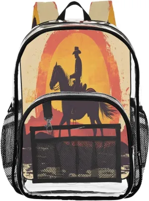 Cowboy at Sunset Clear Backpack with Back Print, Heavy Duty See Through Backpacks PVC Transparent Daypack for Travel Security