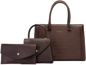 Crocodile Pattern Women Leather Satchel Handbag 3PCS Set - Stylish Top Handle Purse, Tote & Crossbody Bag for Ladies (Black)