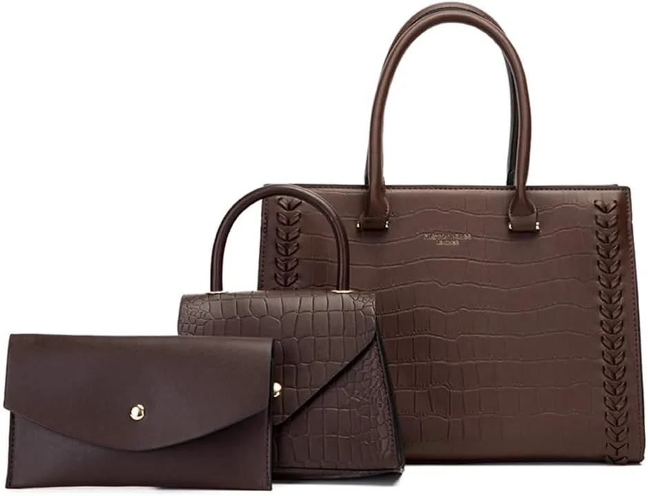 Crocodile Pattern Women Leather Satchel Handbag 3PCS Set - Stylish Top Handle Purse, Tote & Crossbody Bag for Ladies (Black)