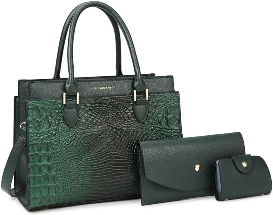 Crocodile Pattern Women Top Handle Purse Set | Leather Satchel Handbag & Crossbody Bag with Clutch - Green