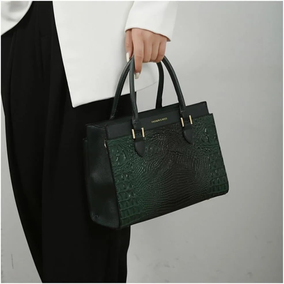 Crocodile Pattern Women Top Handle Purse Set | Leather Satchel Handbag & Crossbody Bag with Clutch - Green