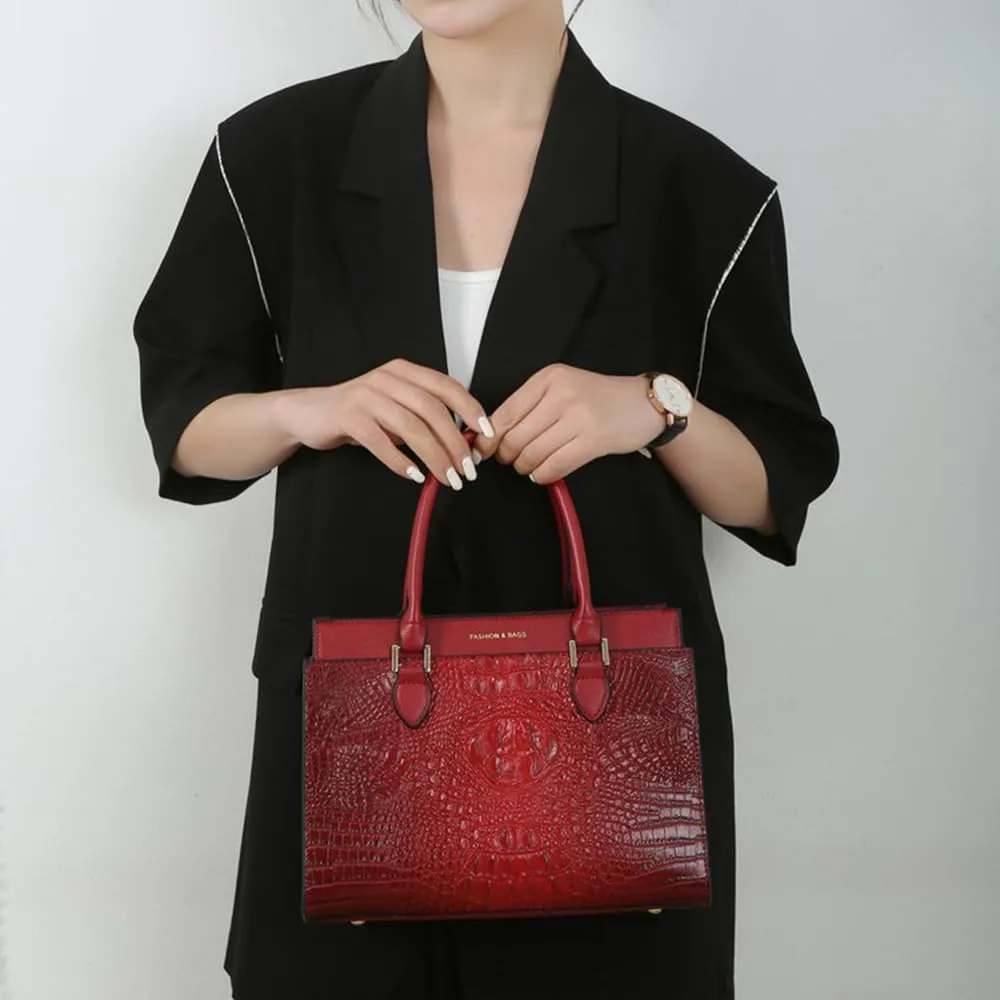 Crocodile Pattern Women Top Handle Purse Set | Leather Satchel Handbag & Crossbody Bag with Clutch - Green