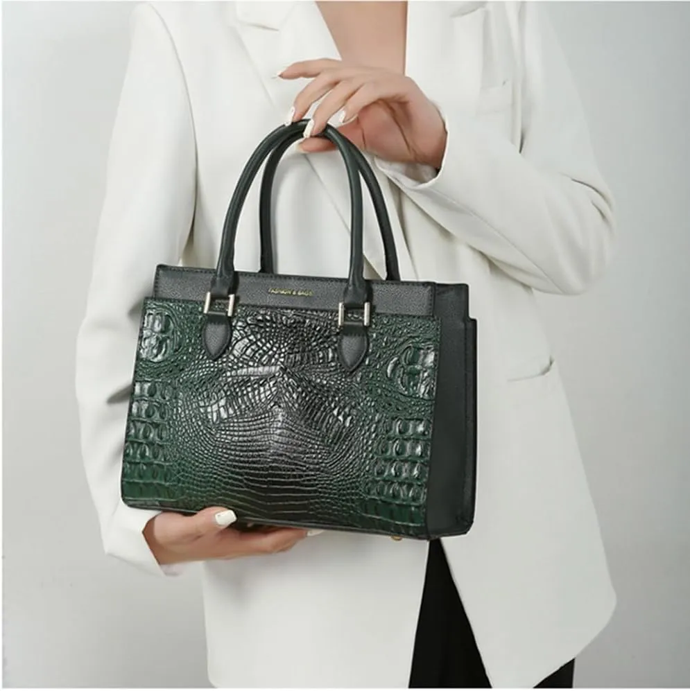 Crocodile Pattern Women Top Handle Purse Set | Leather Satchel Handbag & Crossbody Bag with Clutch - Green