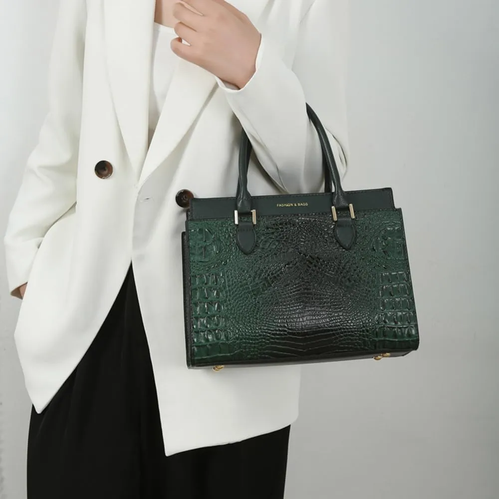 Crocodile Pattern Women Top Handle Purse Set | Leather Satchel Handbag & Crossbody Bag with Clutch - Green