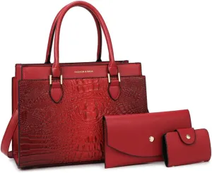 Crocodile Pattern Women Top Handle Purse Set | Leather Satchel Handbag & Crossbody Bag with Clutch - Green