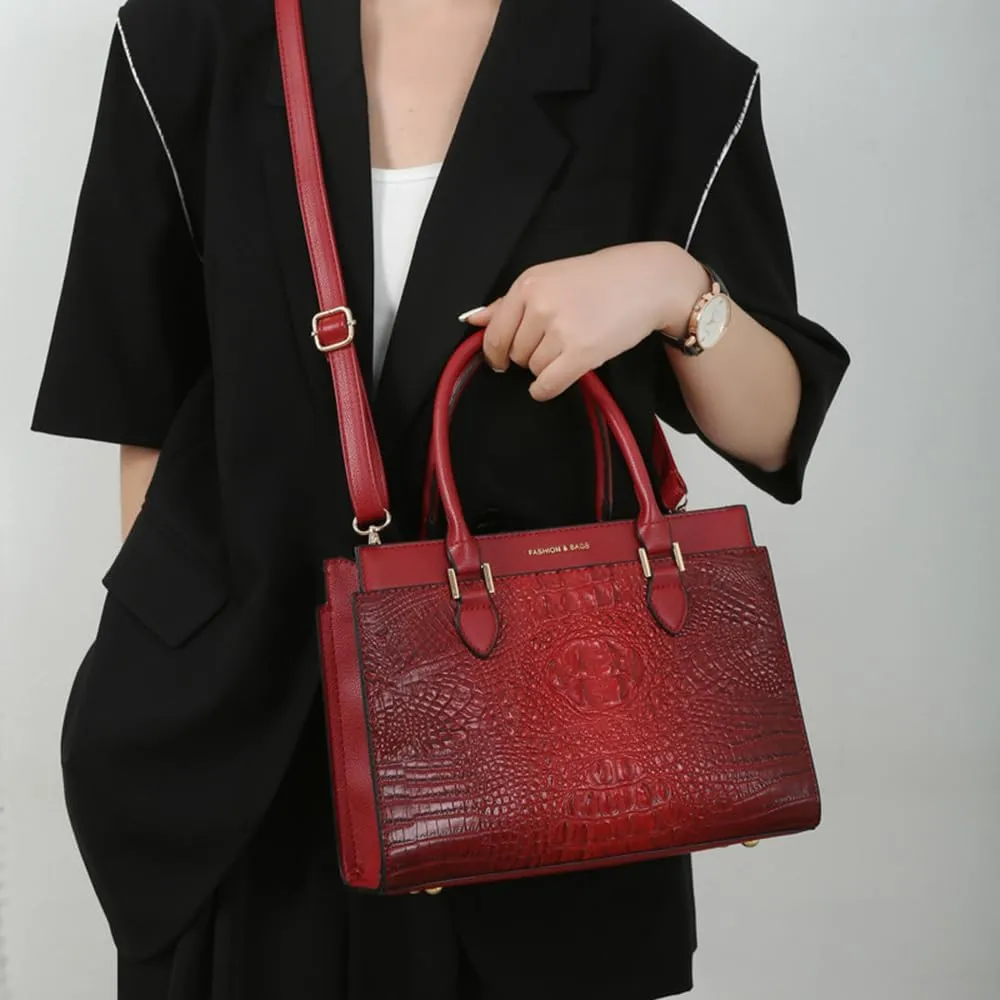 Crocodile Pattern Women Top Handle Purse Set | Leather Satchel Handbag & Crossbody Bag with Clutch - Green