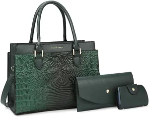 Crocodile Pattern Women Top Handle Purse Set | Leather Satchel Handbag & Crossbody Bag with Clutch - Green