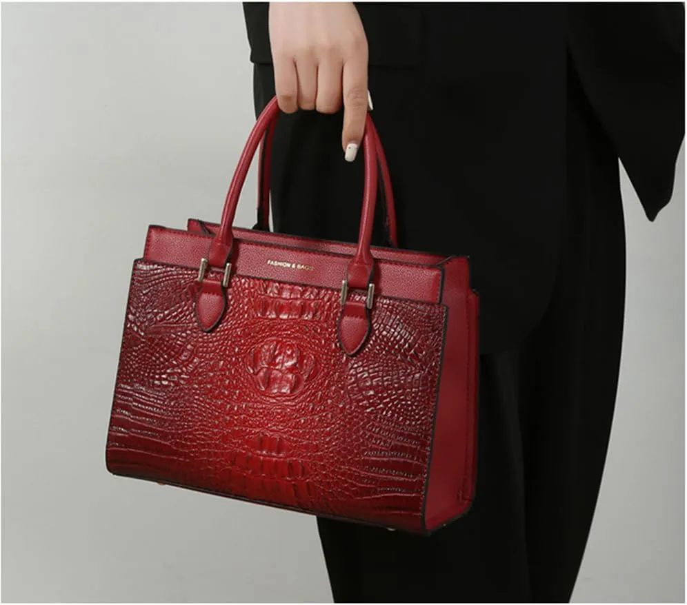 Crocodile Pattern Women Top Handle Purse Set | Leather Satchel Handbag & Crossbody Bag with Clutch - Green