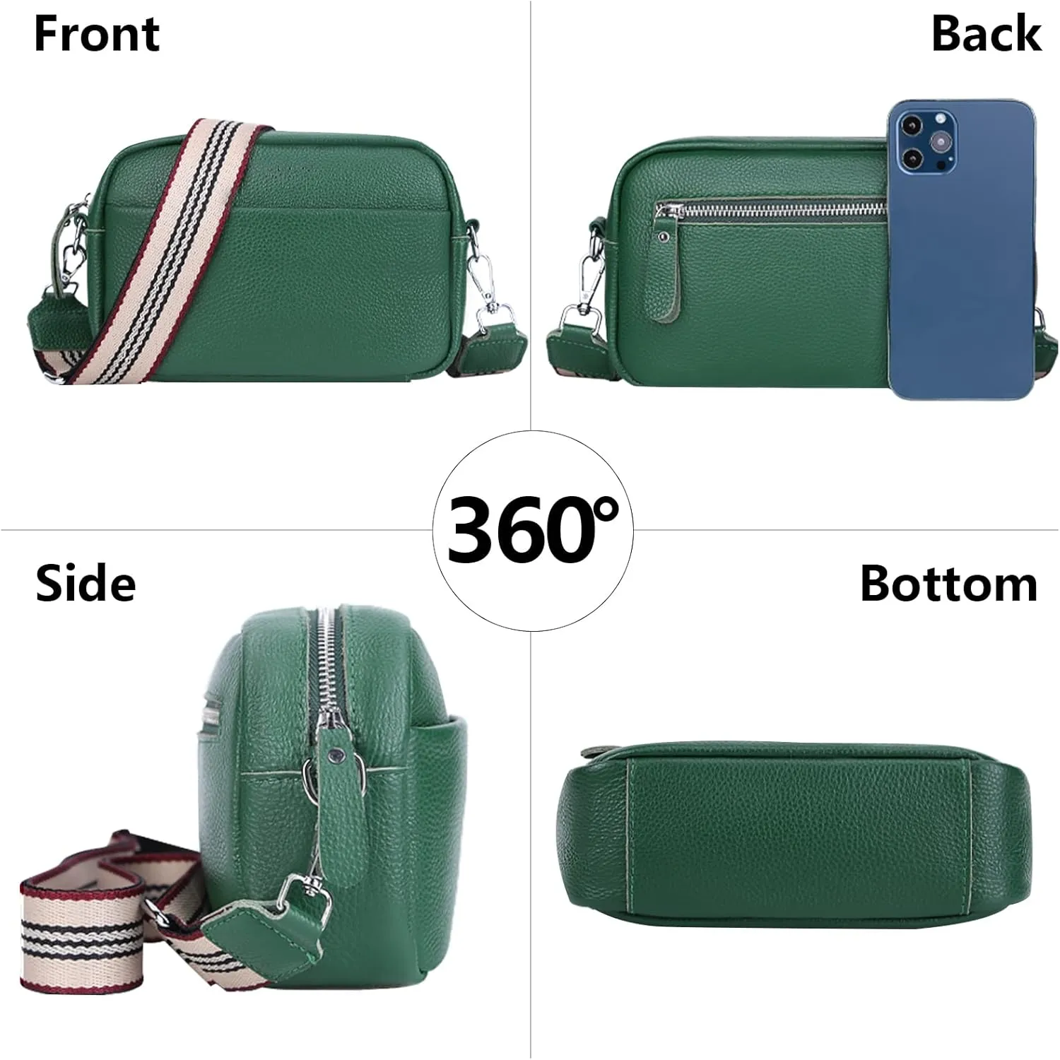Crossbody Bag for Women Genuine Leather Wide Strap Shoulder Bag Purse Trendy Design Camera Crossbody Purse Top Zip