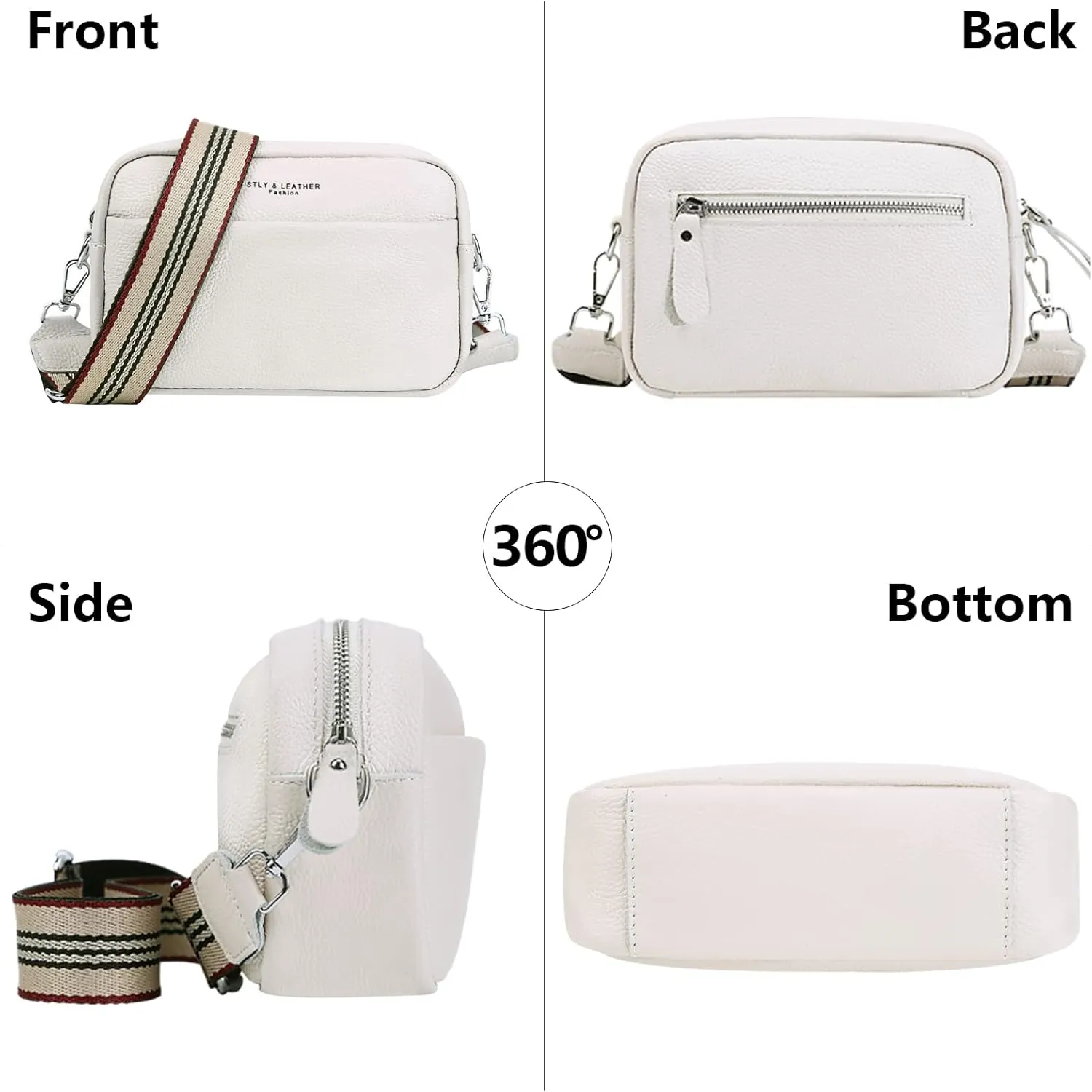 Crossbody Bag for Women Genuine Leather Wide Strap Shoulder Bag Purse Trendy Design Camera Crossbody Purse Top Zip