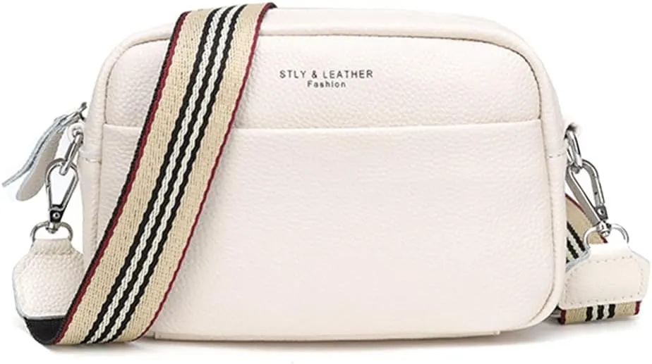 Crossbody Bag for Women Genuine Leather Wide Strap Shoulder Bag Purse Trendy Design Camera Crossbody Purse Top Zip