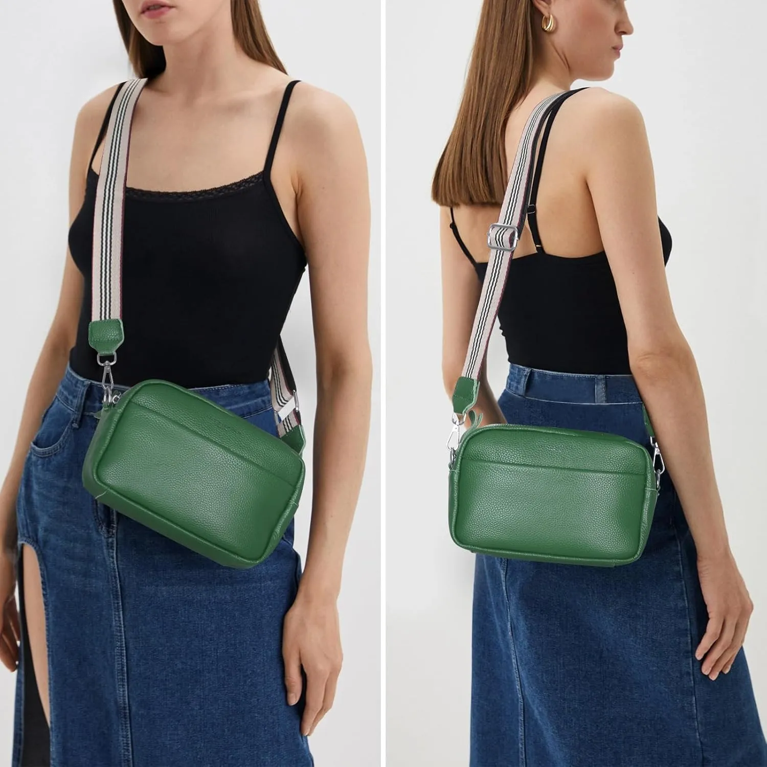 Crossbody Bag for Women Genuine Leather Wide Strap Shoulder Bag Purse Trendy Design Camera Crossbody Purse Top Zip