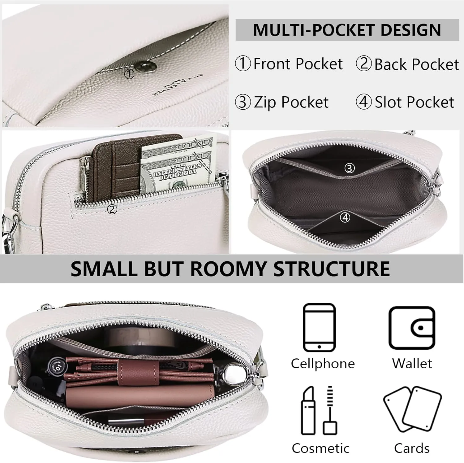 Crossbody Bag for Women Genuine Leather Wide Strap Shoulder Bag Purse Trendy Design Camera Crossbody Purse Top Zip