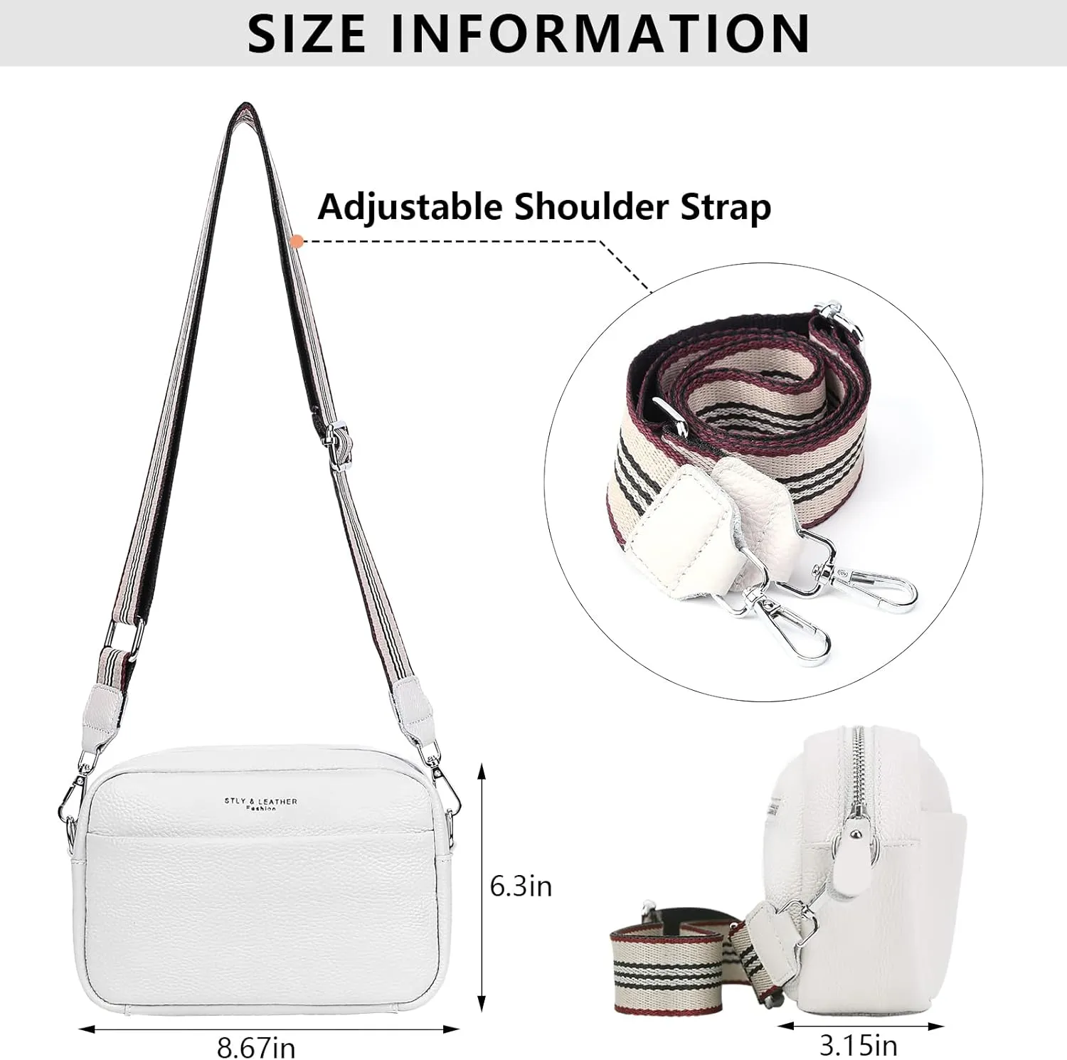 Crossbody Bag for Women Genuine Leather Wide Strap Shoulder Bag Purse Trendy Design Camera Crossbody Purse Top Zip