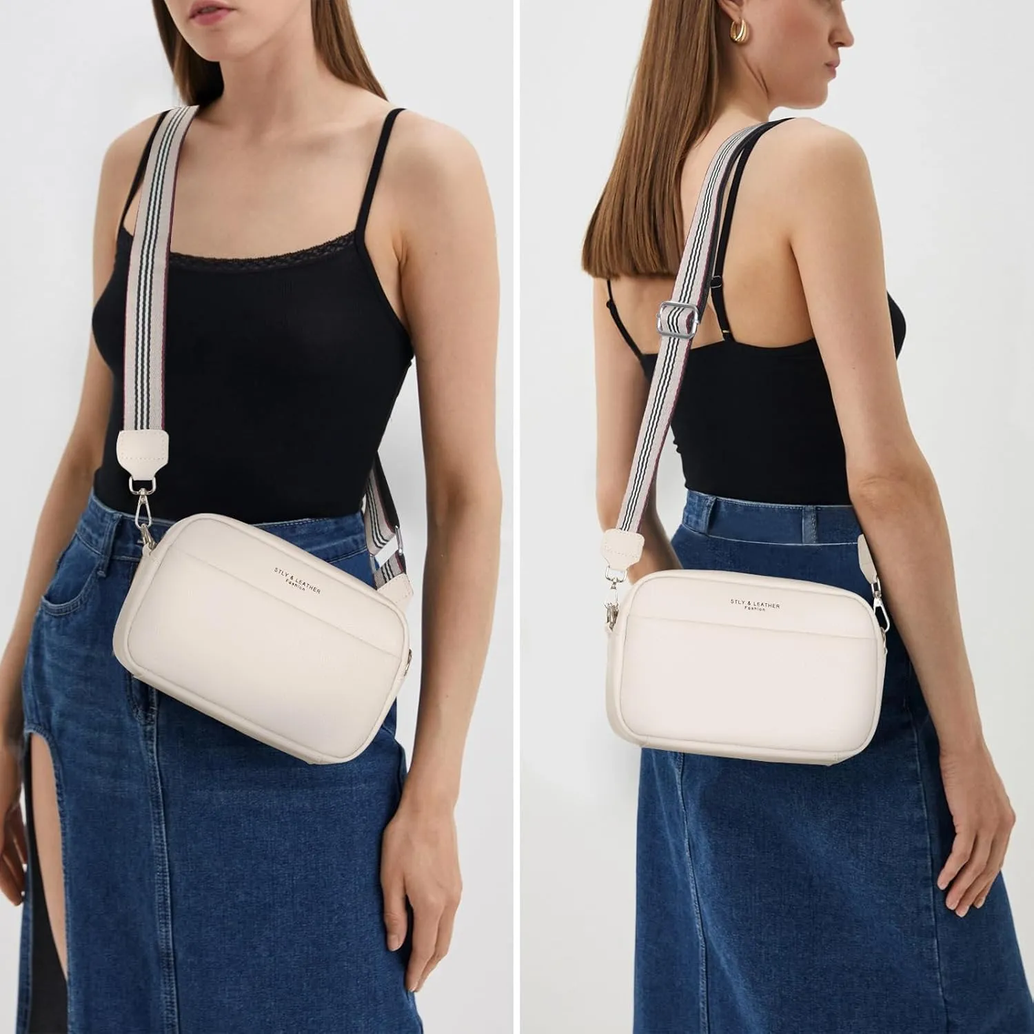 Crossbody Bag for Women Genuine Leather Wide Strap Shoulder Bag Purse Trendy Design Camera Crossbody Purse Top Zip