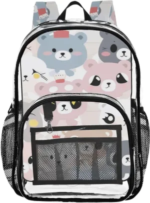 Cute Animal Cartoon Bears Clear Backpack with Back Print, Heavy Duty See Through Backpacks PVC Transparent Daypack for Travel Security