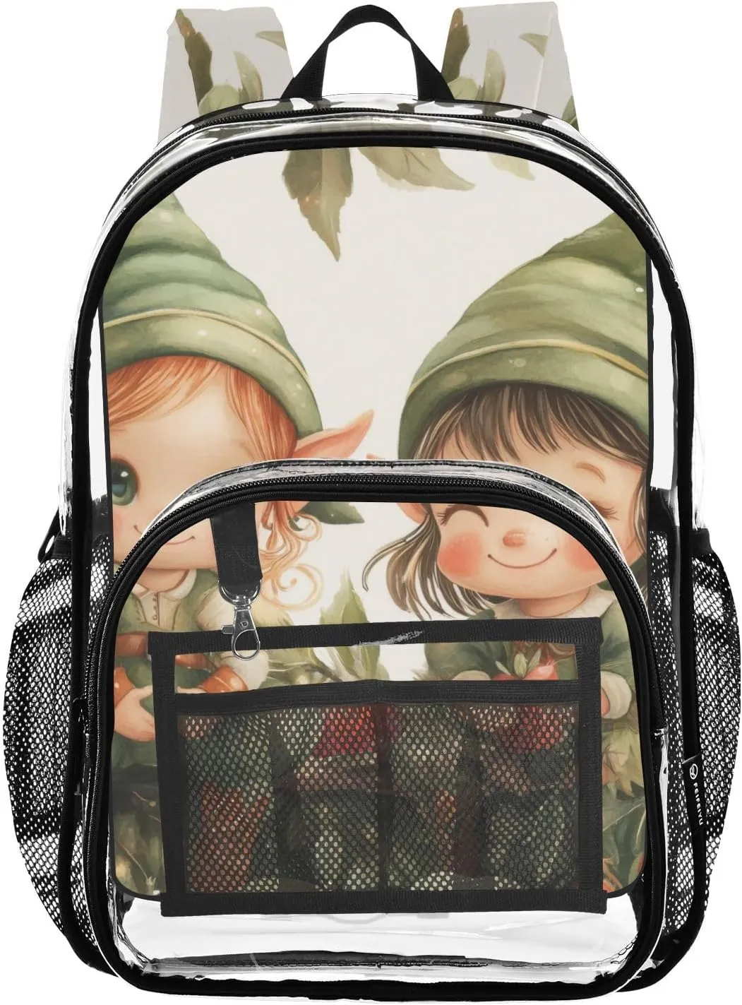 Cute Elves St Clear Backpack with Back Print, Heavy Duty See Through Backpacks PVC Transparent Daypack for Travel Security