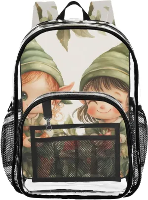 Cute Elves St Clear Backpack with Back Print, Heavy Duty See Through Backpacks PVC Transparent Daypack for Travel Security