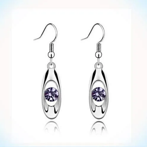 Cute New White Gold Plated Amethyst Purple Crystal CZ Dangle Drop Earrings For Women Lady