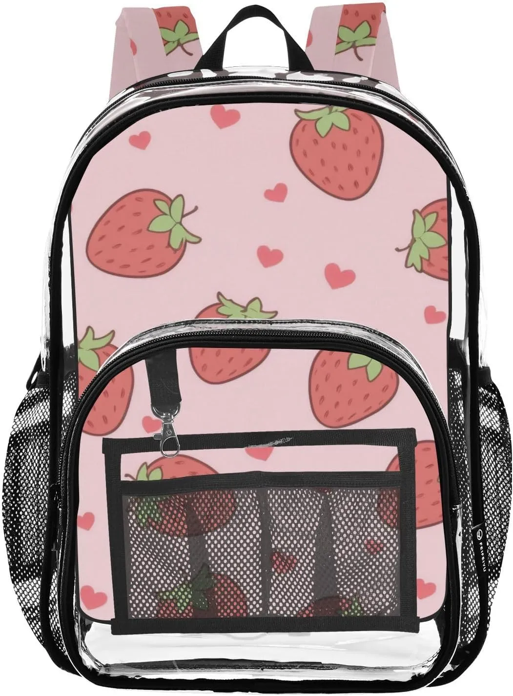 Cute Pink Strawberry Clear Backpack with Back Print, Heavy Duty See Through Backpacks PVC Transparent Daypack for Travel Security