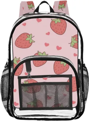 Cute Pink Strawberry Clear Backpack with Back Print, Heavy Duty See Through Backpacks PVC Transparent Daypack for Travel Security