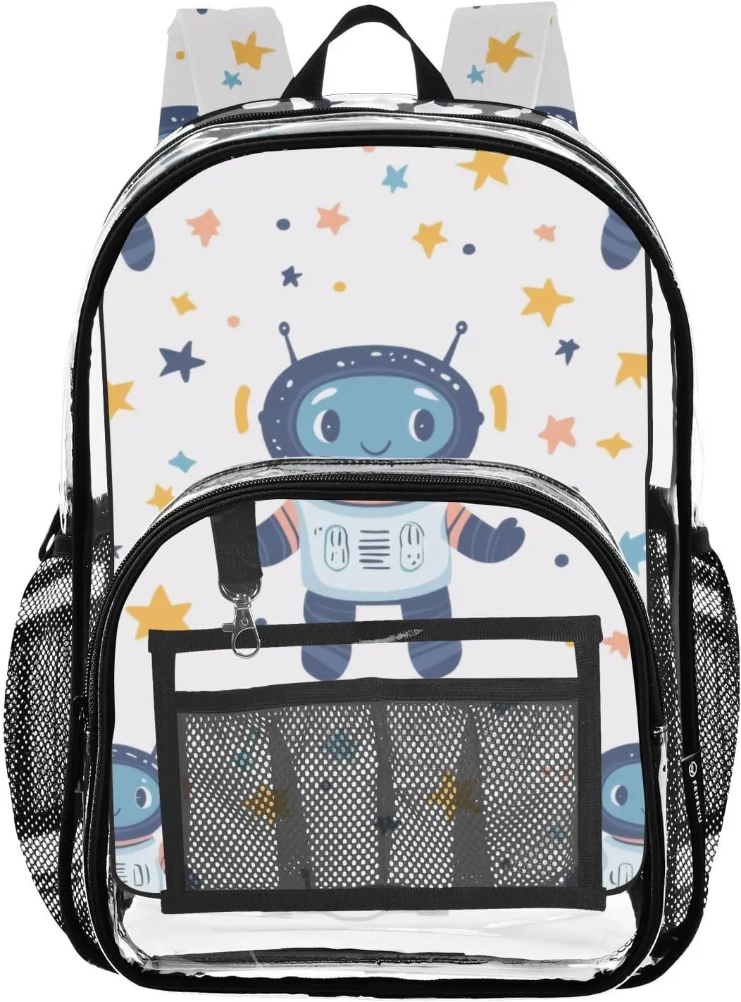 Cute Robot Clear Backpack with Back Print, Heavy Duty See Through Backpacks PVC Transparent Daypack for Travel Security