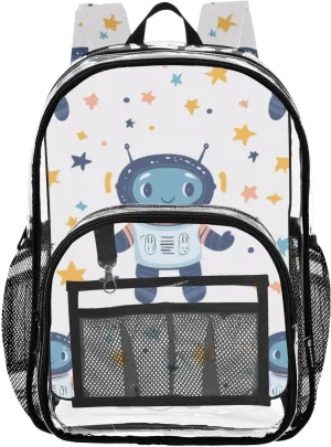 Cute Robot Clear Backpack with Back Print, Heavy Duty See Through Backpacks PVC Transparent Daypack for Travel Security