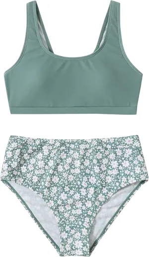 Cute Swimsuits for Teen Girls Tankini Bathing Suit 2 Piece Swimsuit Sport Floral Print High Waist Bikini Set Swimwear