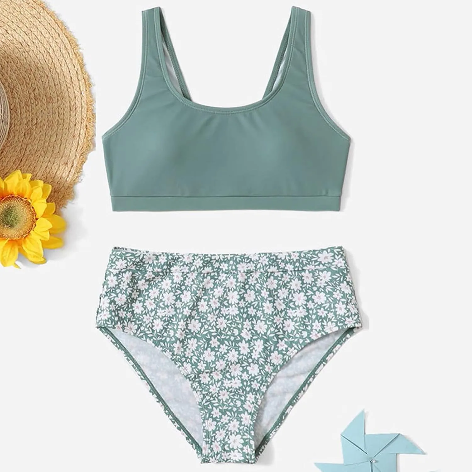 Cute Swimsuits for Teen Girls Tankini Bathing Suit 2 Piece Swimsuit Sport Floral Print High Waist Bikini Set Swimwear