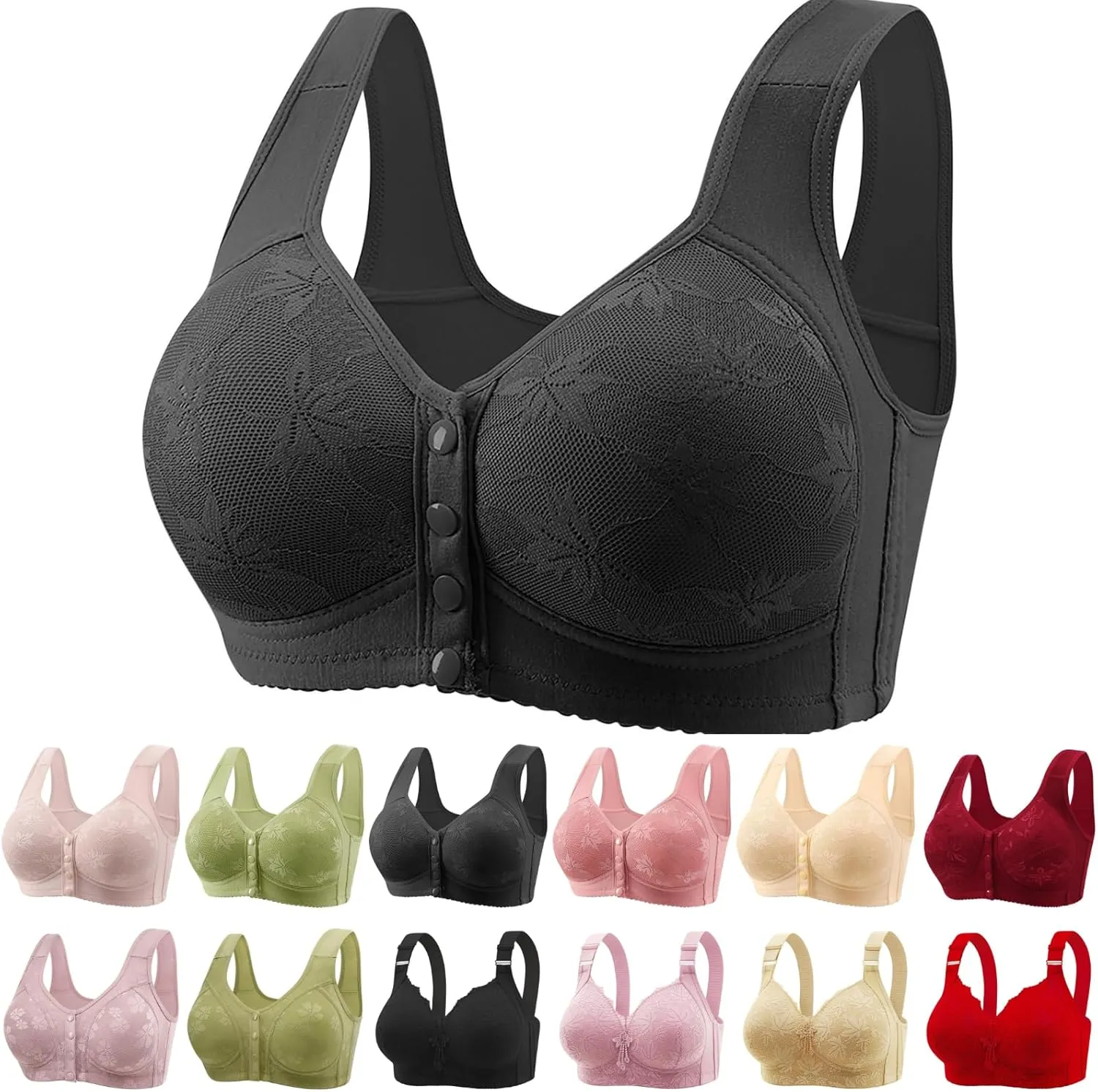 Daisy Bras for Older Women Front Closure Bras for Women Plus Size Push Up Cotton Bra No Underwire for Seniors Black Front Hook Bra for Womens 5X-Large