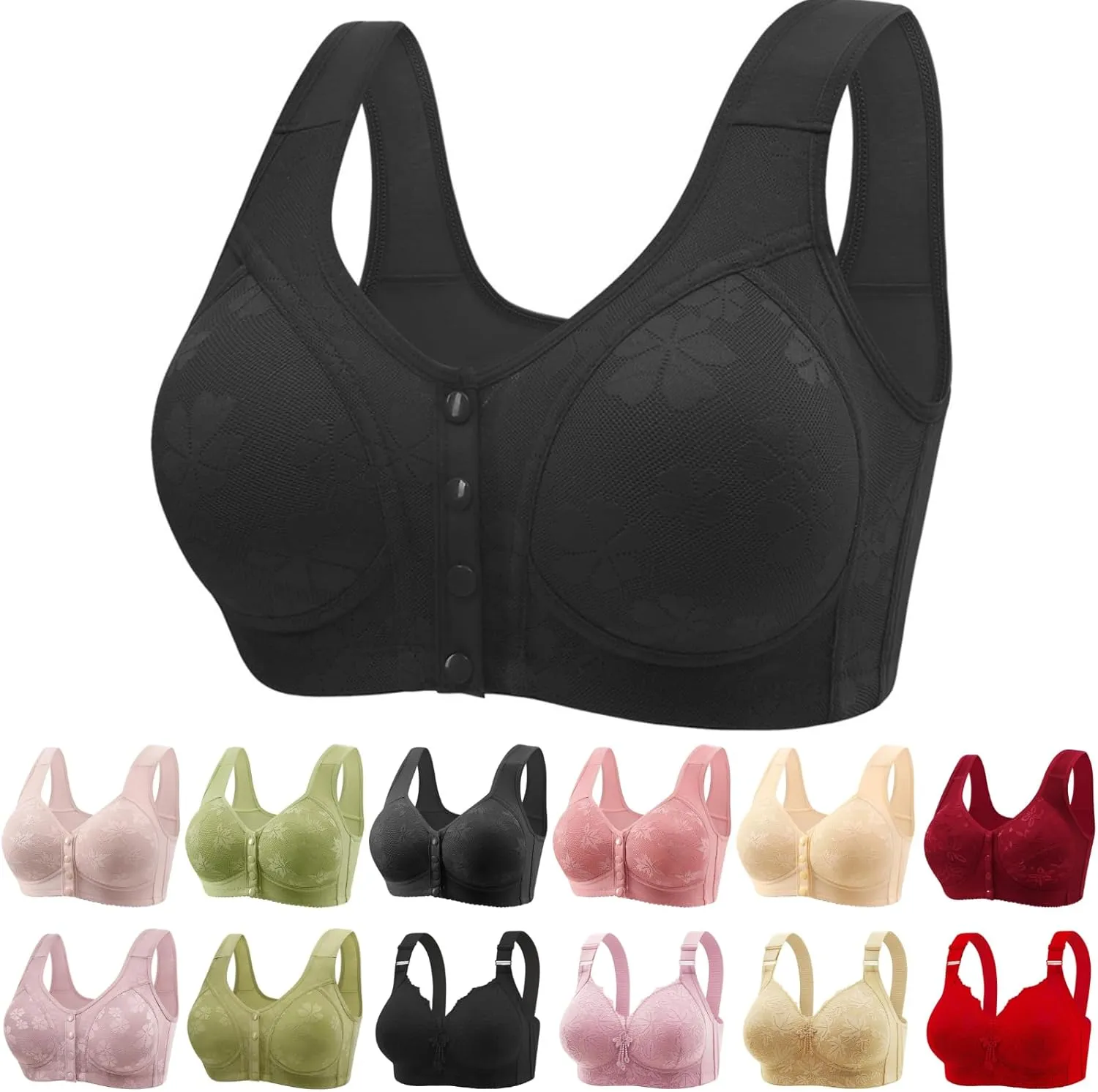 Daisy Bras for Older Women Front Closure Bras for Women Plus Size Push Up Cotton Bra No Underwire for Seniors Black Sexy Lingerie for Womens Plus Size X-Large