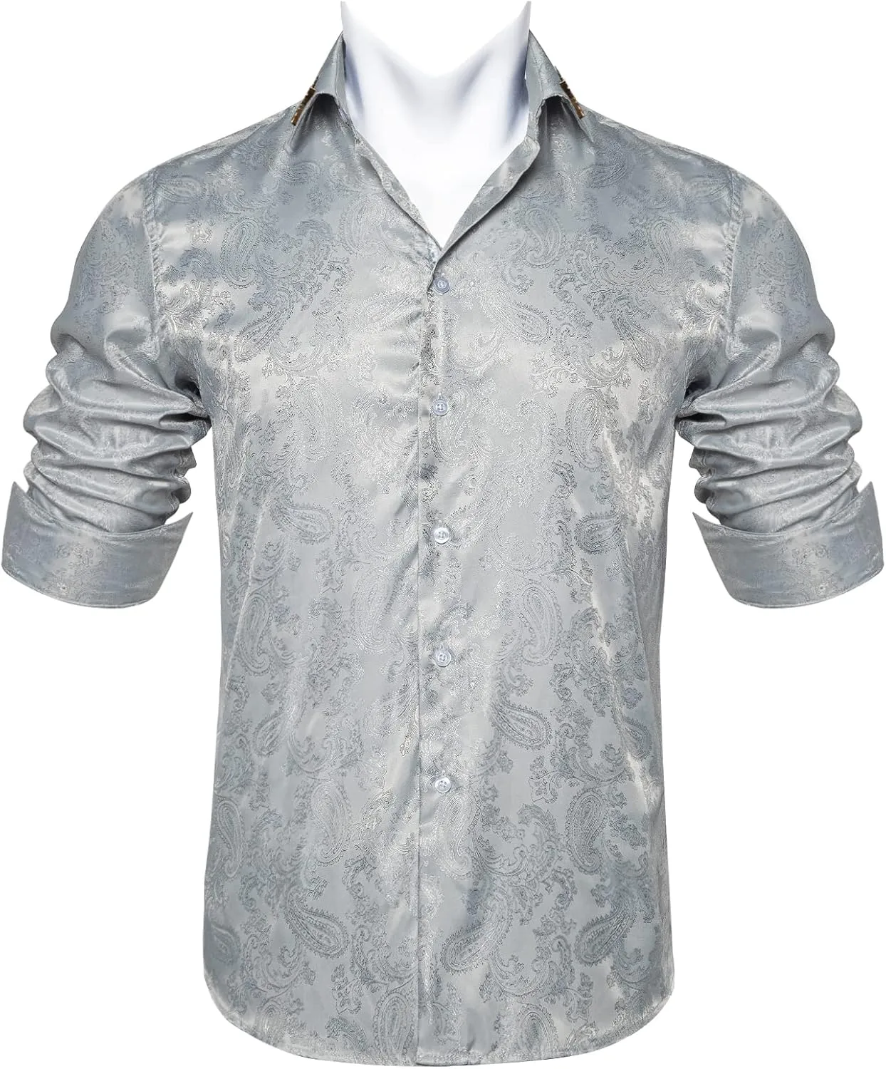 DiBanGu Mens Paisley Dress Shirts Long Sleeve Grey Silk Formal Shirt Button Down Regular Fit Wedding Business