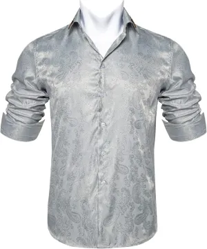 DiBanGu Mens Paisley Dress Shirts Long Sleeve Grey Silk Formal Shirt Button Down Regular Fit Wedding Business