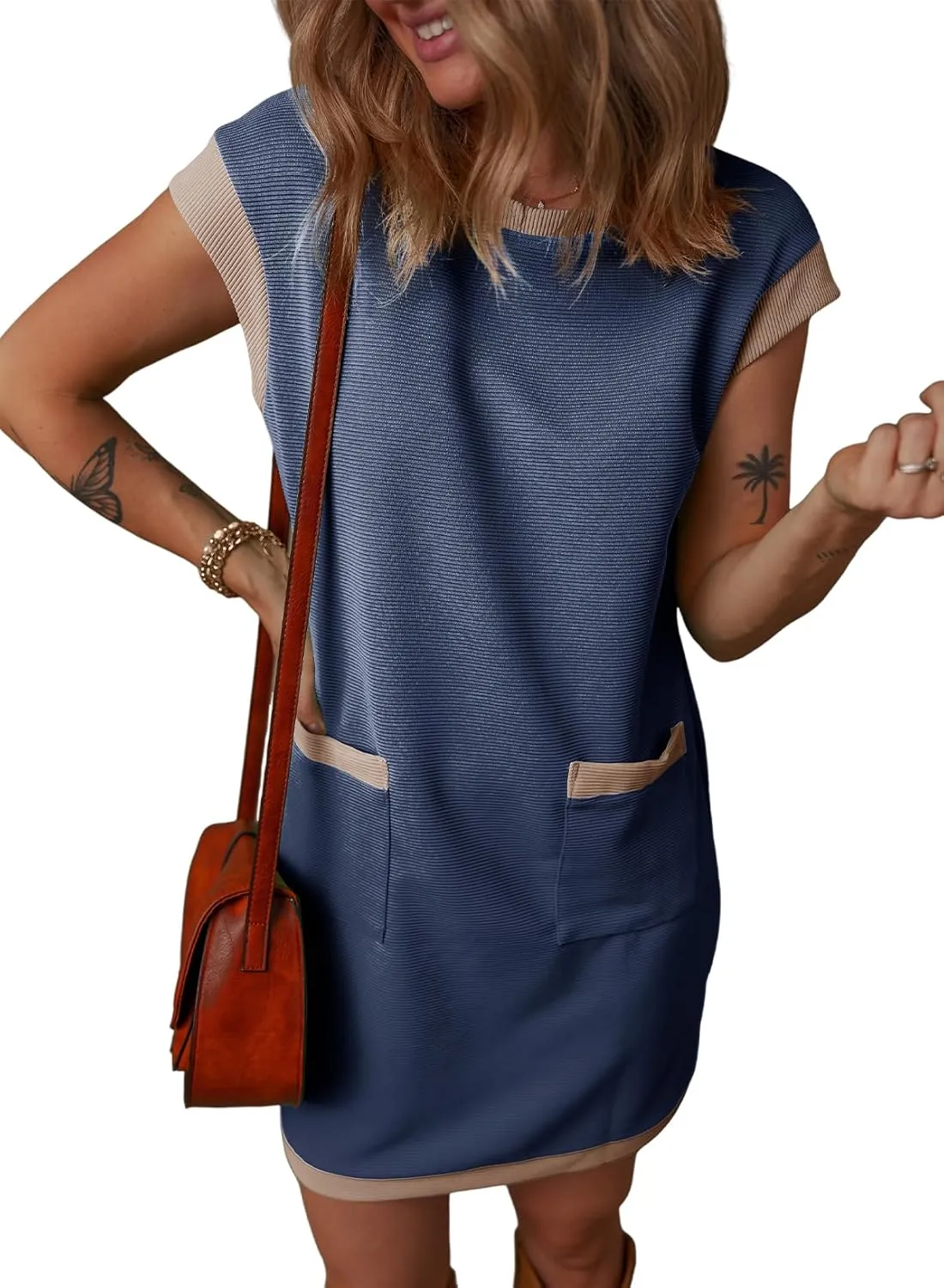 Dokotoo Women's Casual Summer Dresses Fashion Cap Sleeve Color Block Crewneck Shift Tshirt Mini Dress