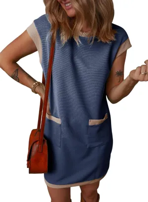 Dokotoo Women's Casual Summer Dresses Fashion Cap Sleeve Color Block Crewneck Shift Tshirt Mini Dress