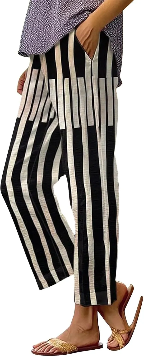 Drawstring Linen Pants Women Floral Cotton Linen Casual Pants Black Linen Pants Women Cropped Linen Pants Women