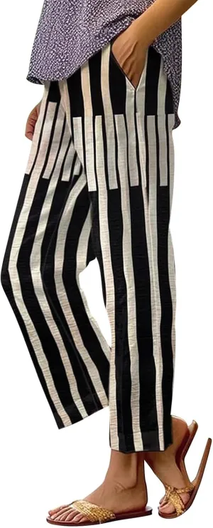 Drawstring Linen Pants Women Floral Cotton Linen Casual Pants Black Linen Pants Women Cropped Linen Pants Women