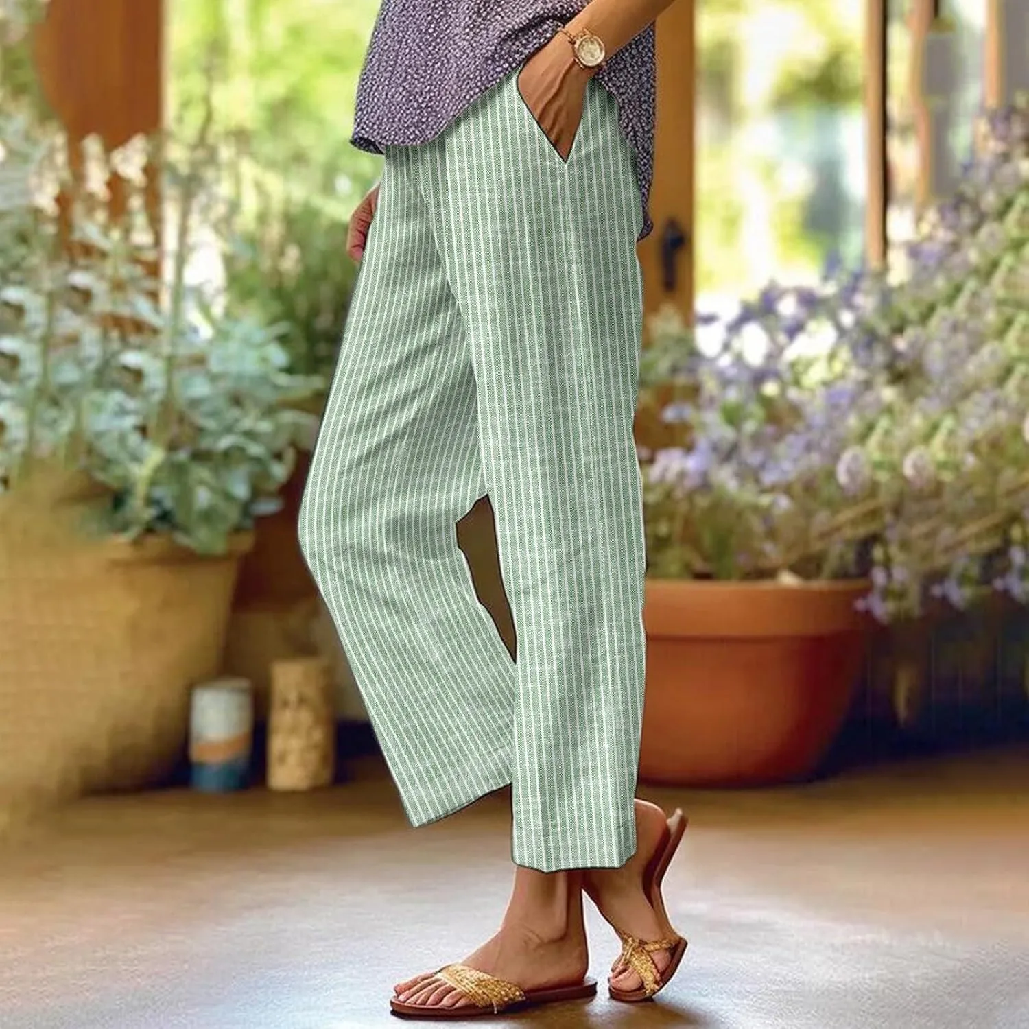 Drawstring Linen Pants Women Floral Cotton Linen Casual Pants Black Linen Pants Women Cropped Linen Pants Women