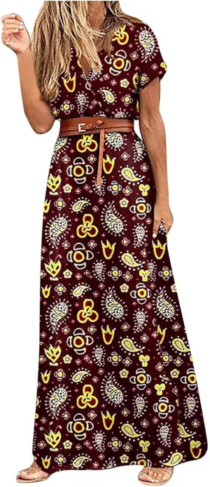 Dresses for Women 2025 Summer Wrap Maxi Dress Casual Boho Floral V Neck Short Sleeve Split Beach Long Dresses