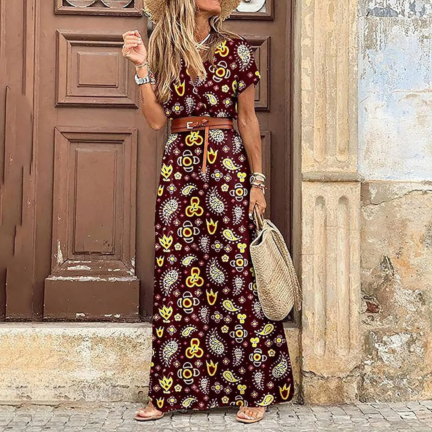Dresses for Women 2025 Summer Wrap Maxi Dress Casual Boho Floral V Neck Short Sleeve Split Beach Long Dresses