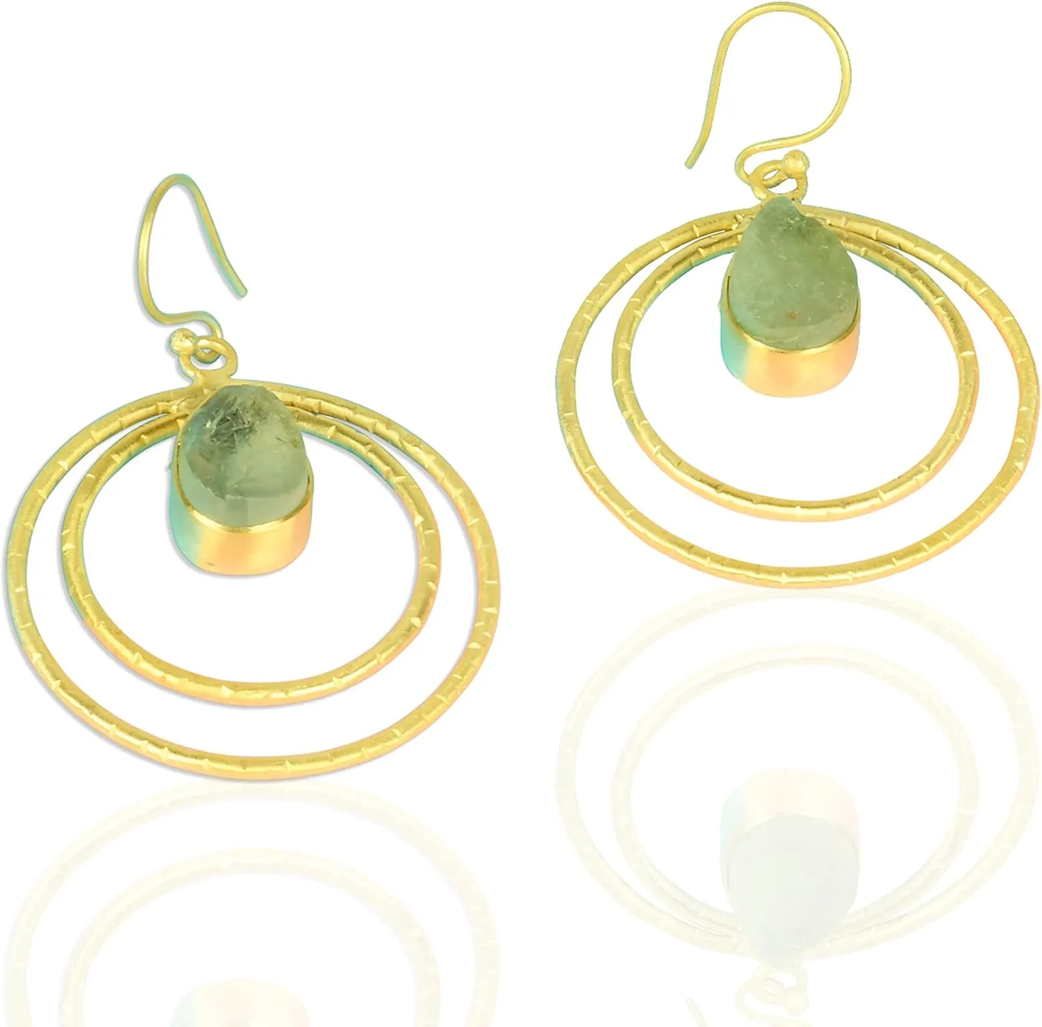 Elegant 18K Matte Gold Plated Aquamarine Gemstone Round Circle Textured Earrings For Bridesmaid