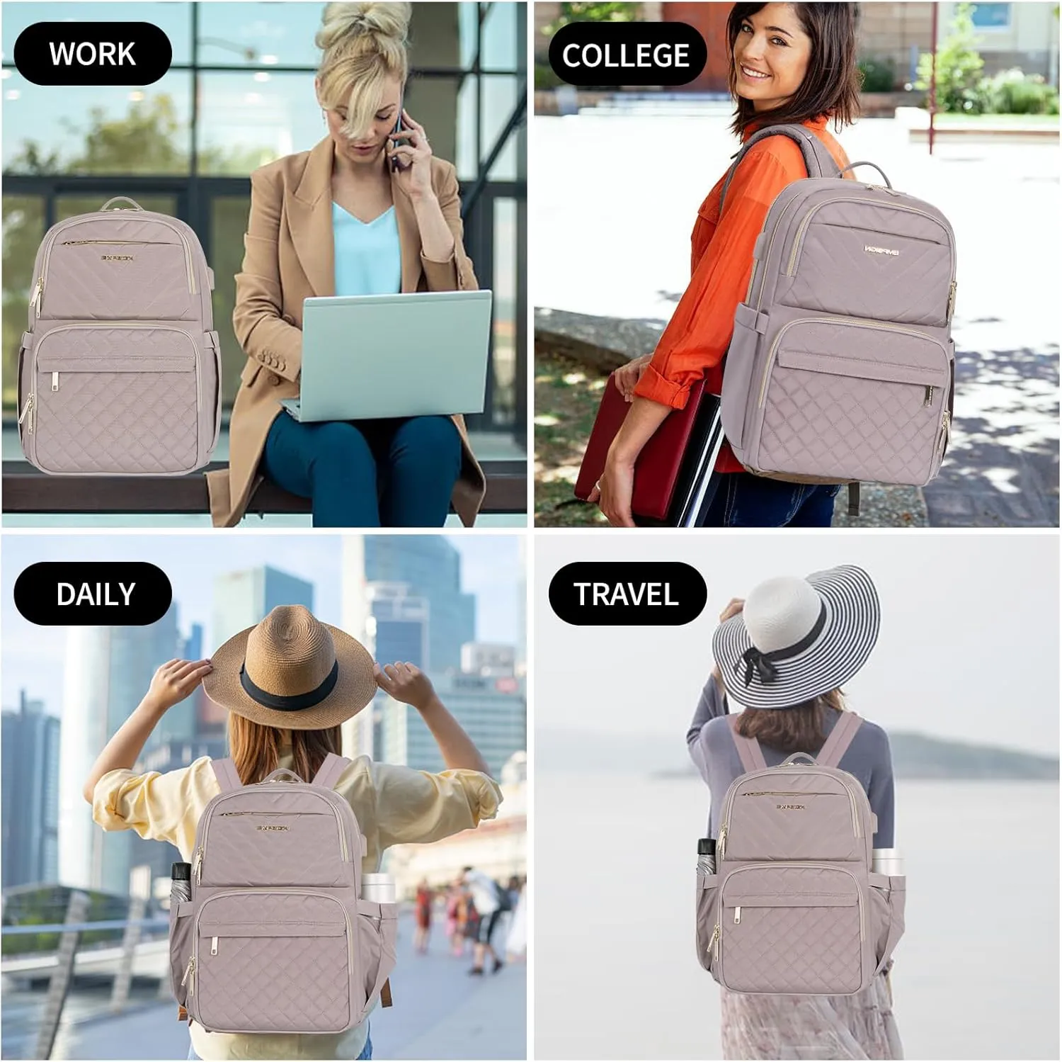 EMPSIGN Laptop Backpack Purse for Women and Men with USB Charging Port, 15.6 Inch Travel Water Resistant Quilted Backpack, High-Capacity 30L Work Business Computer Backpack, Quilted Grey Pink