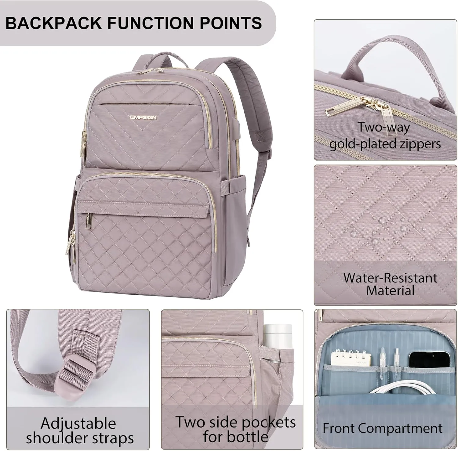 EMPSIGN Laptop Backpack Purse for Women and Men with USB Charging Port, 15.6 Inch Travel Water Resistant Quilted Backpack, High-Capacity 30L Work Business Computer Backpack, Quilted Grey Pink