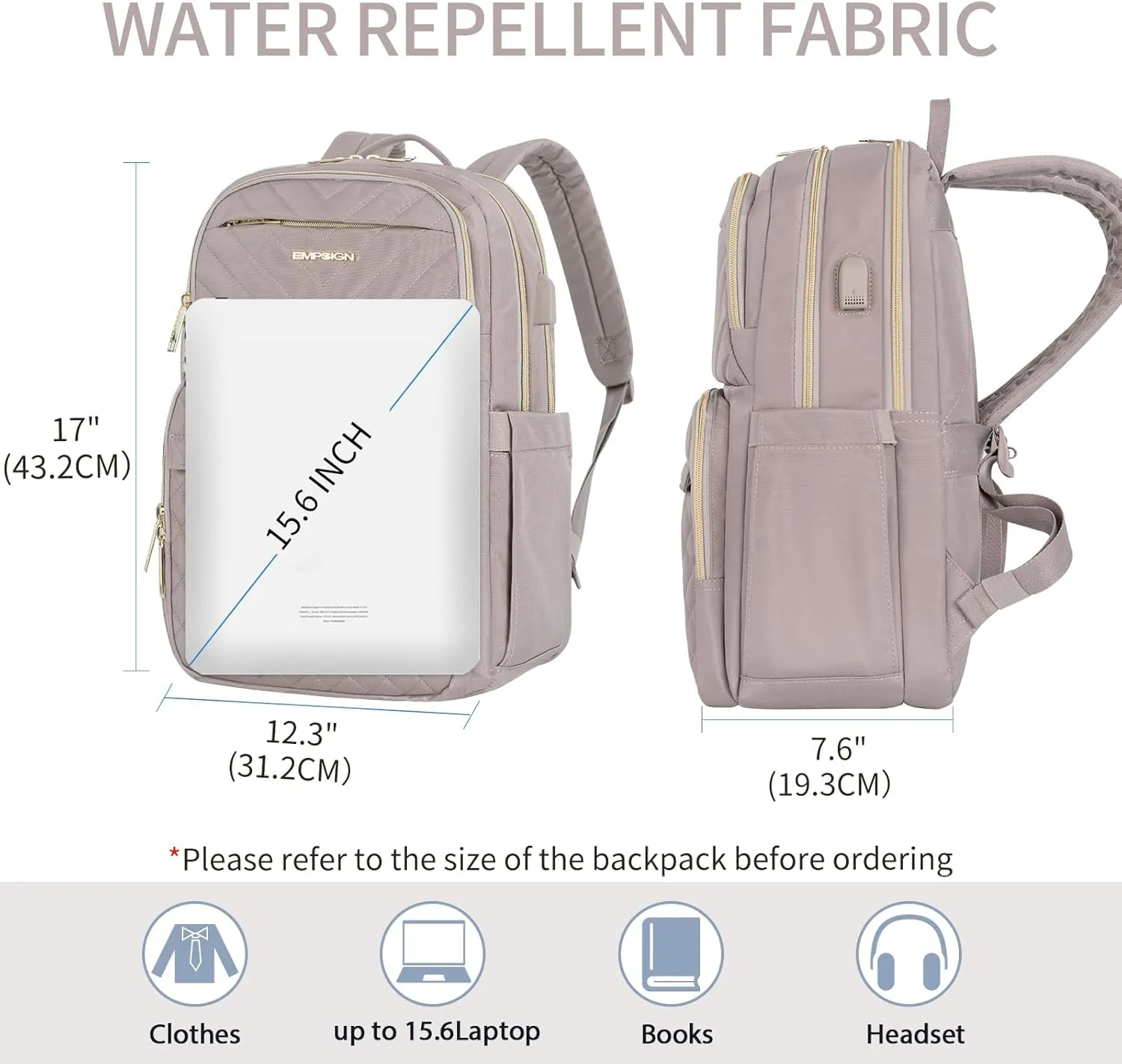 EMPSIGN Laptop Backpack Purse for Women and Men with USB Charging Port, 15.6 Inch Travel Water Resistant Quilted Backpack, High-Capacity 30L Work Business Computer Backpack, Quilted Grey Pink