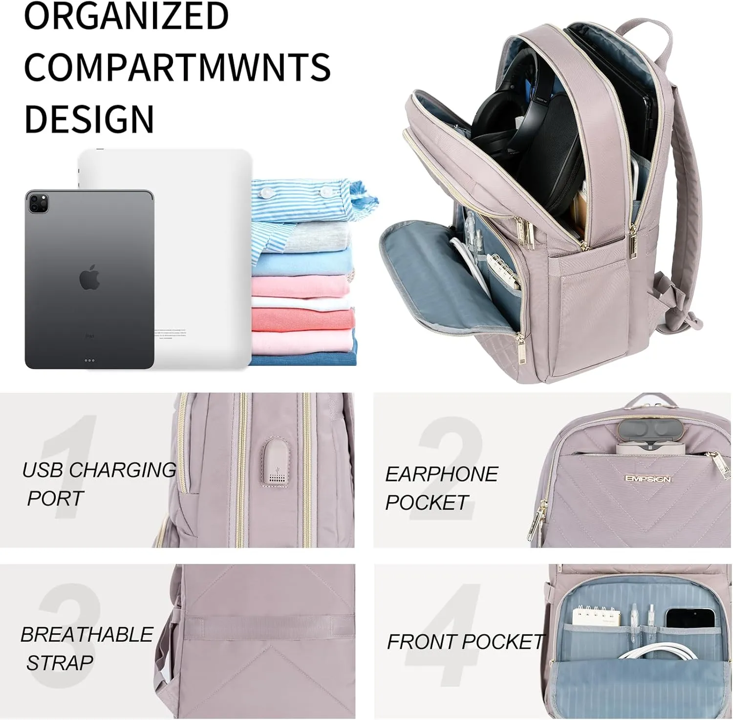 EMPSIGN Laptop Backpack Purse for Women and Men with USB Charging Port, 15.6 Inch Travel Water Resistant Quilted Backpack, High-Capacity 30L Work Business Computer Backpack, Quilted Grey Pink