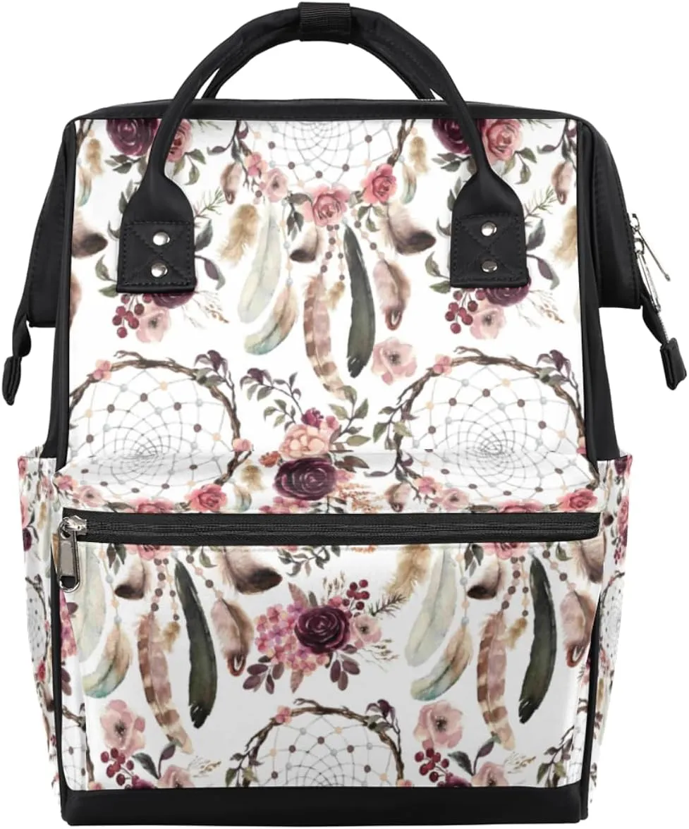 Ethnic Boho Floral Dreamcatchers Diaper Bag Tote Large Capacity Waterproof with Adjustable Shoulder Strap and Pram Straps Mommy Bag for Hospital Beach Weekender Travel