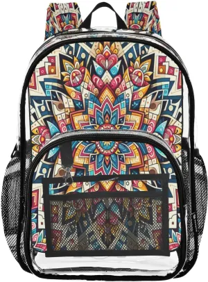 Ethnic Mandala Clear Backpack with Back Print, Heavy Duty See Through Backpacks PVC Transparent Daypack for Travel Security