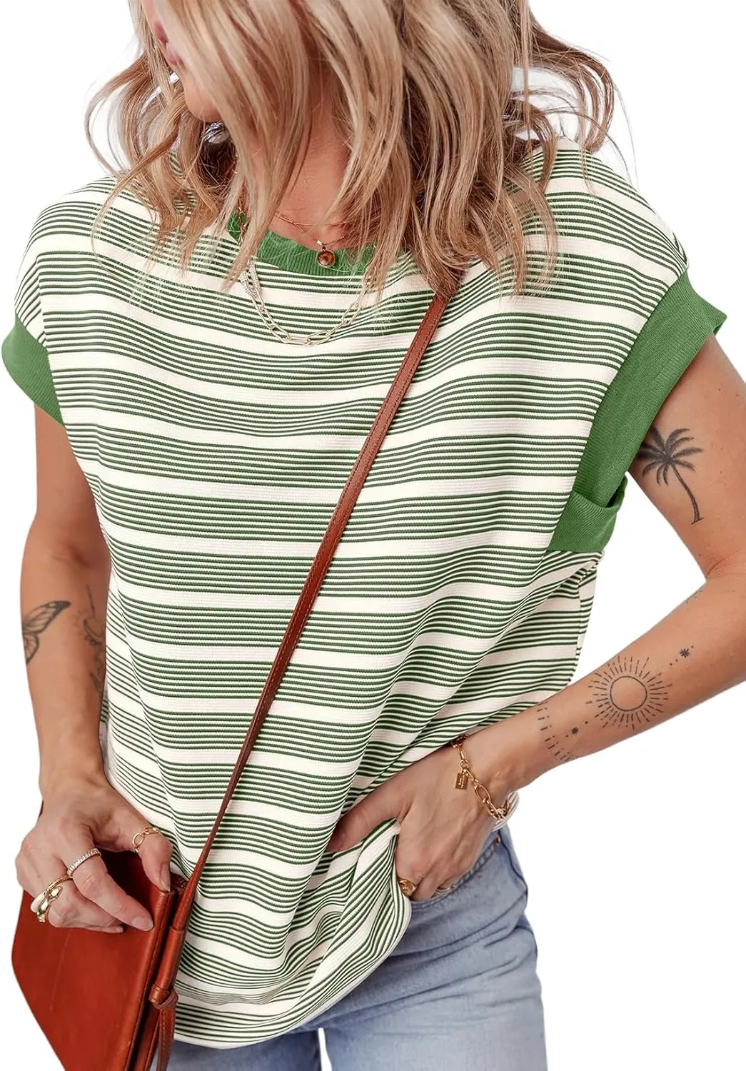 EVALESS Womens Short Sleeve Tops Casual Crewneck Oversized T Shirts Summer Trendy Striped Knit Tee Blouses