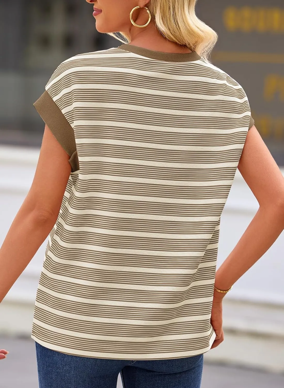 EVALESS Womens Short Sleeve Tops Casual Crewneck Oversized T Shirts Summer Trendy Striped Knit Tee Blouses