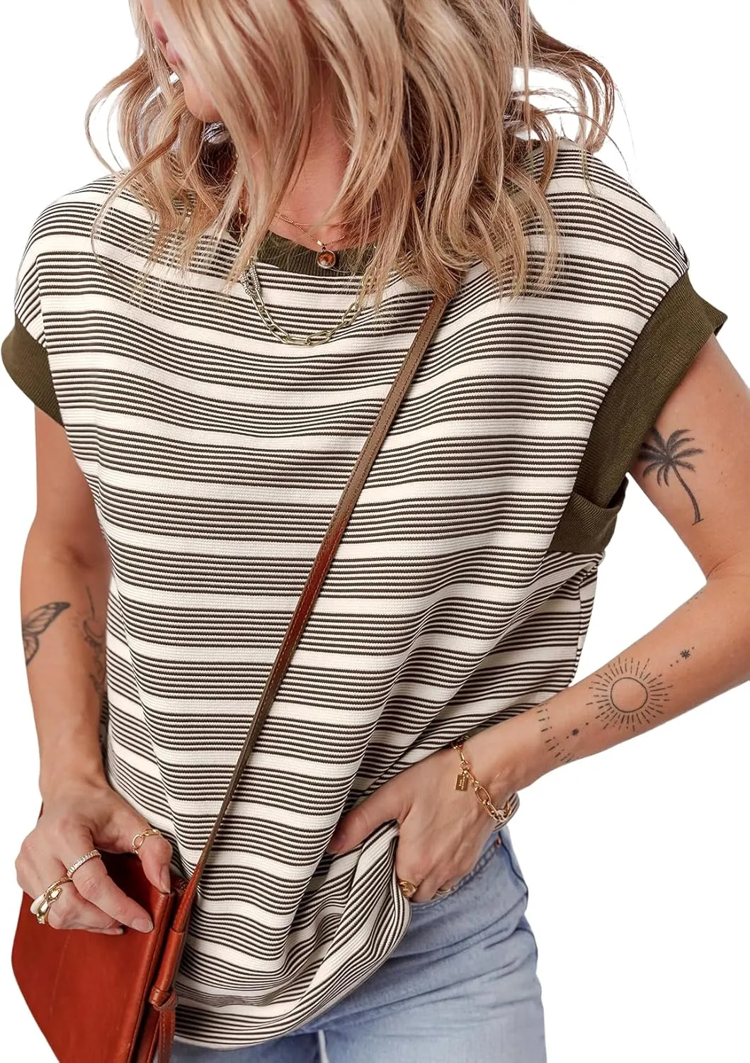 EVALESS Womens Short Sleeve Tops Casual Crewneck Oversized T Shirts Summer Trendy Striped Knit Tee Blouses